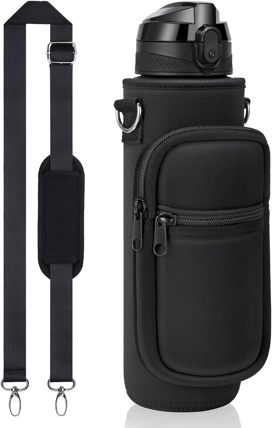 Crownnie Queen 25/32/40 OZ Sports Water Bottle Crossbody Sling Bag Case Sleeve with Adjustable Shoulder Strap and Pockets for Hiking, Travel, Running or Fitness (Black)