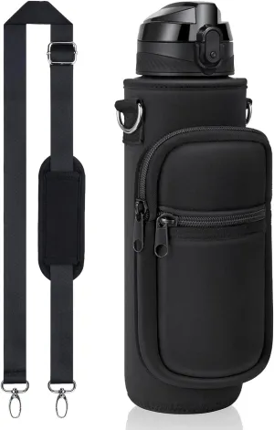 Crownnie Queen 25/32/40 OZ Sports Water Bottle Crossbody Sling Bag Case Sleeve with Adjustable Shoulder Strap and Pockets for Hiking, Travel, Running or Fitness (Black)