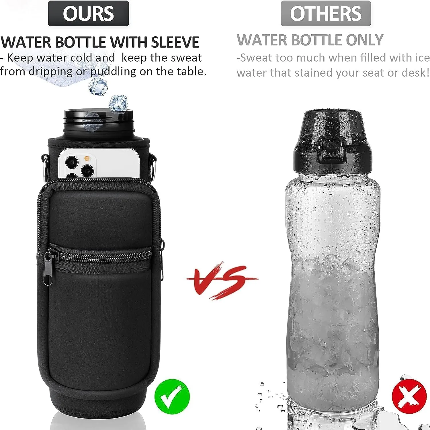 Crownnie Queen 25/32/40 OZ Sports Water Bottle Crossbody Sling Bag Case Sleeve with Adjustable Shoulder Strap and Pockets for Hiking, Travel, Running or Fitness (Black)