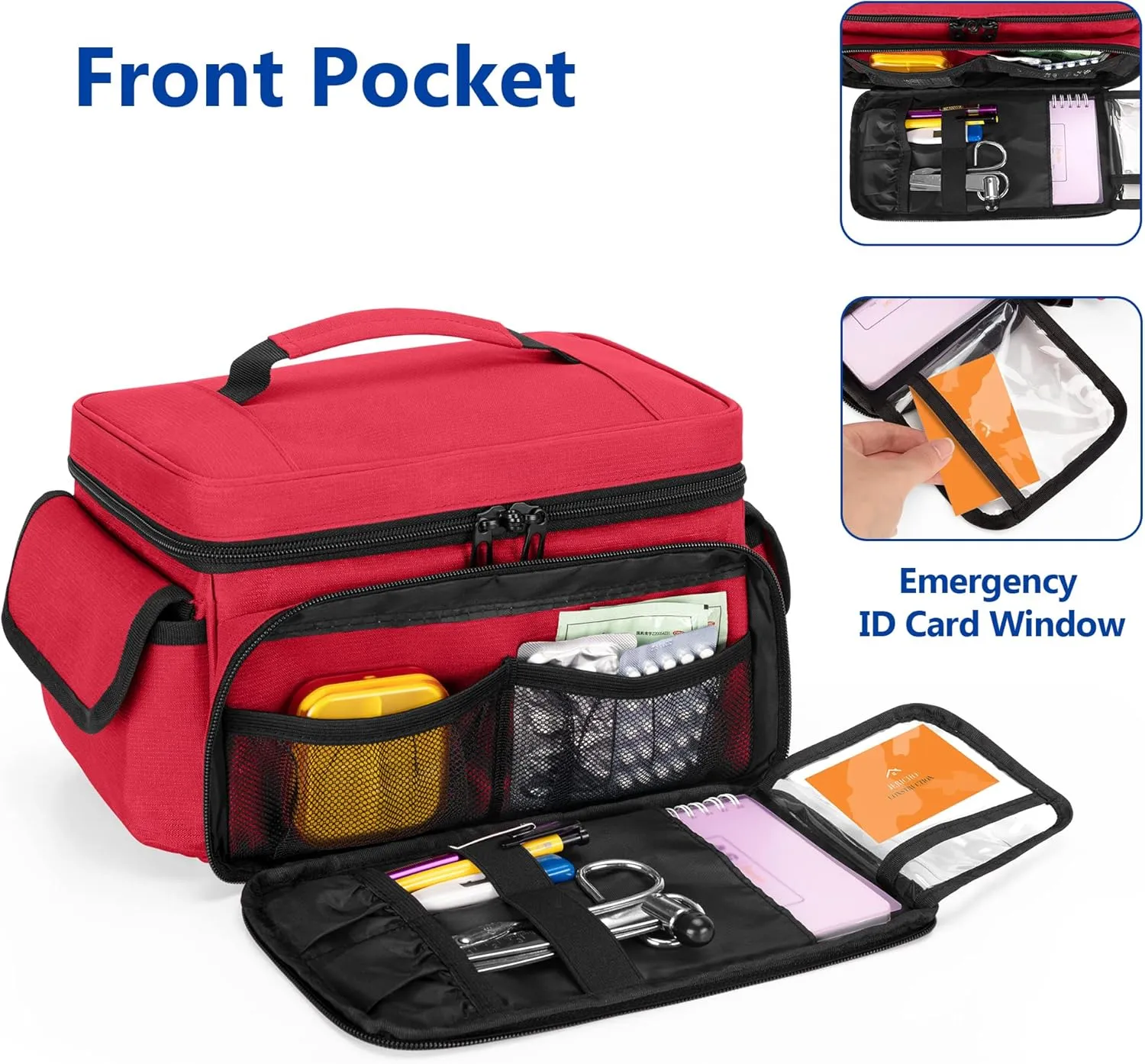 CURMIO Medicine Storage Bag Empty, Lockable Pill Bottle Organizer with Portable Zippered Pouches for First Aid Kits, Medicine Box for Home and Travel, Red (Patent Pending)