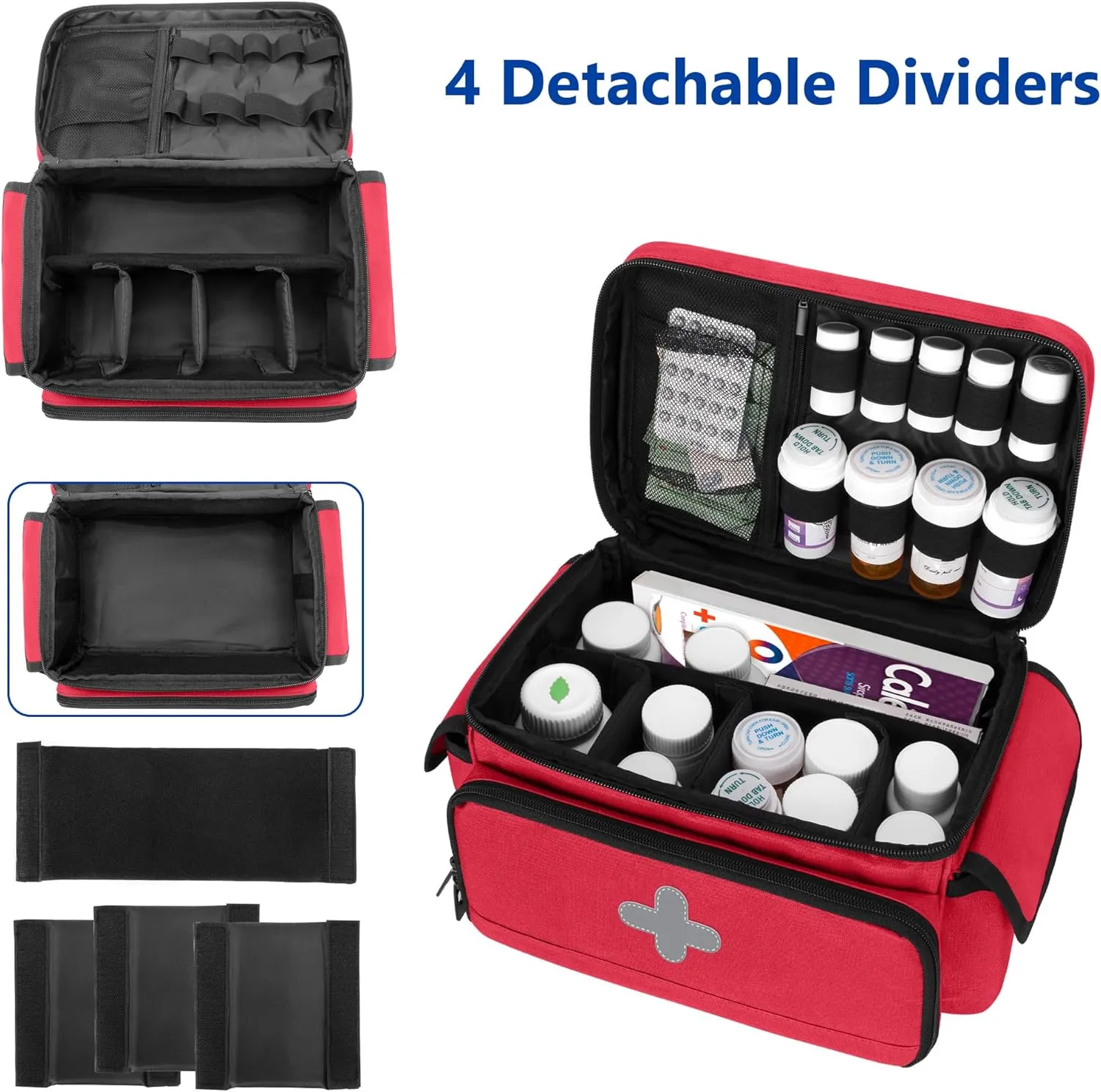CURMIO Medicine Storage Bag Empty, Lockable Pill Bottle Organizer with Portable Zippered Pouches for First Aid Kits, Medicine Box for Home and Travel, Red (Patent Pending)