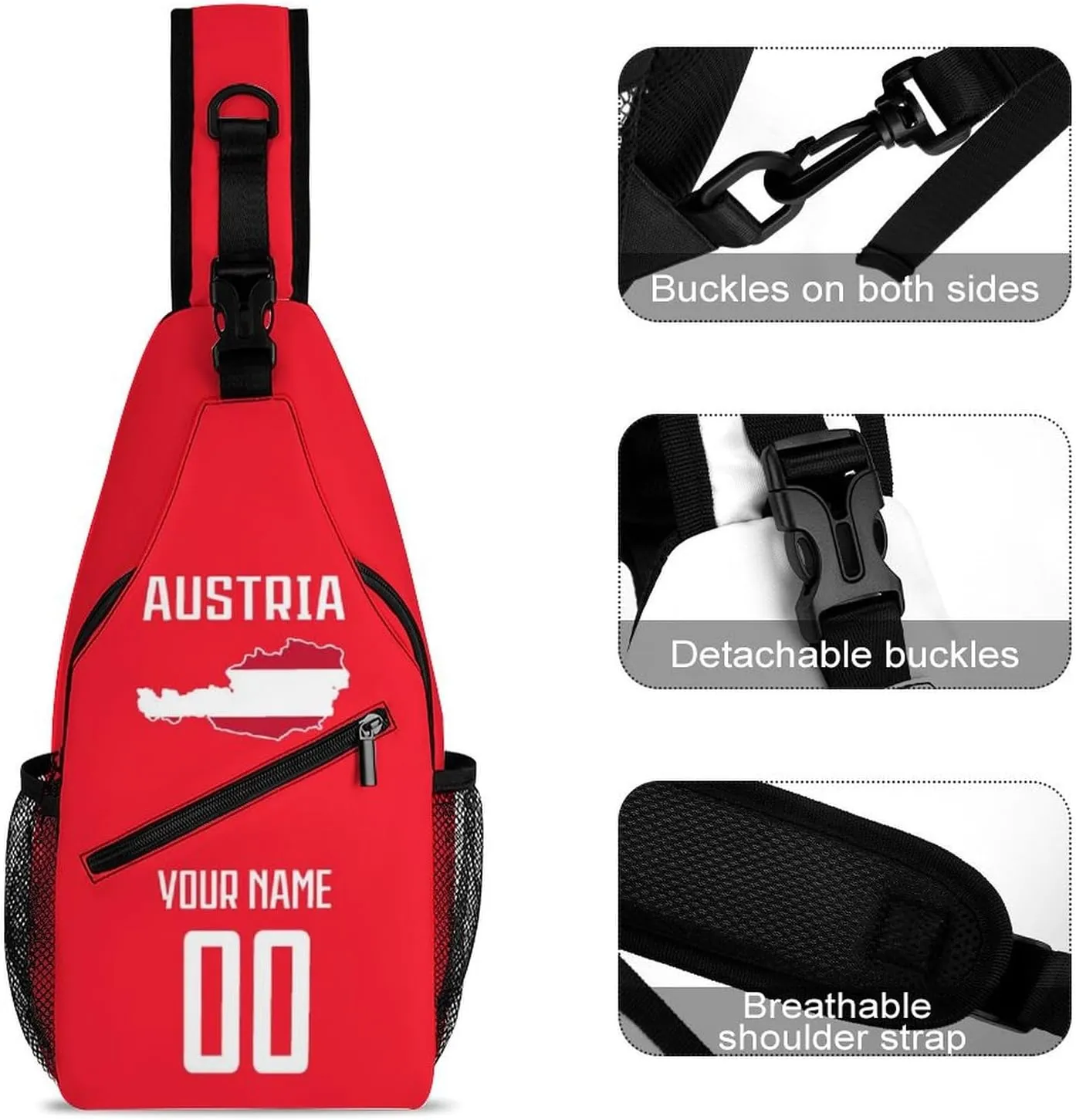 Custom Austria Sling Bag,Soccer Chest Bag,Personalized Any Name Number Crossbody Backpack,Cycling Travel Daypack For Men Women
