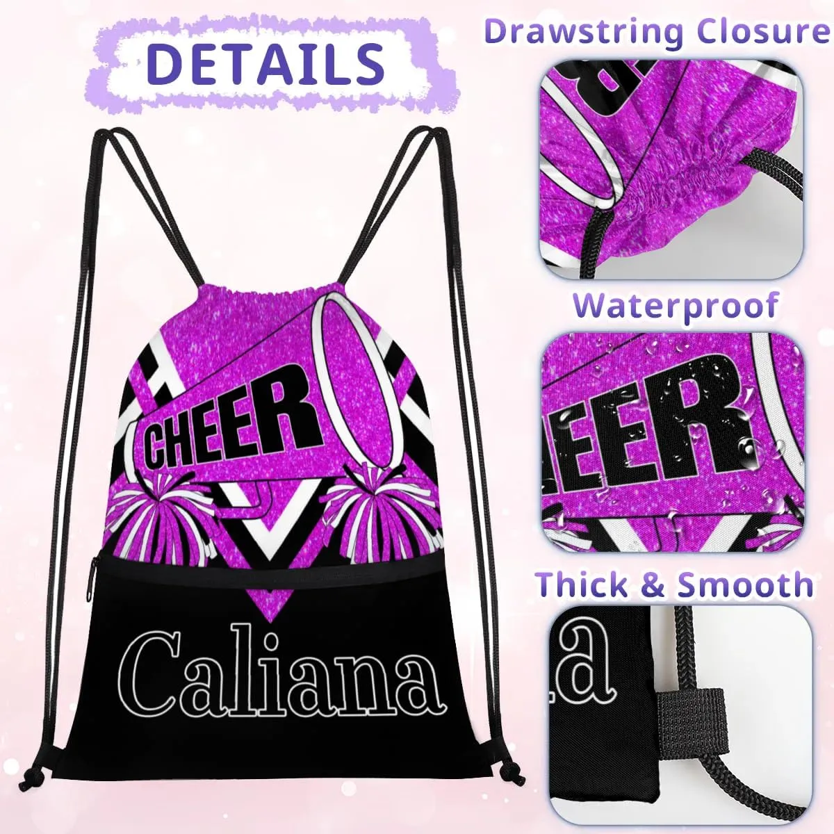 Custom Ballet Drawstring Backpacks, Cheerleading Competition Dance Bags, Personalized Dance Backpacks, Bright Purple Glitters Black