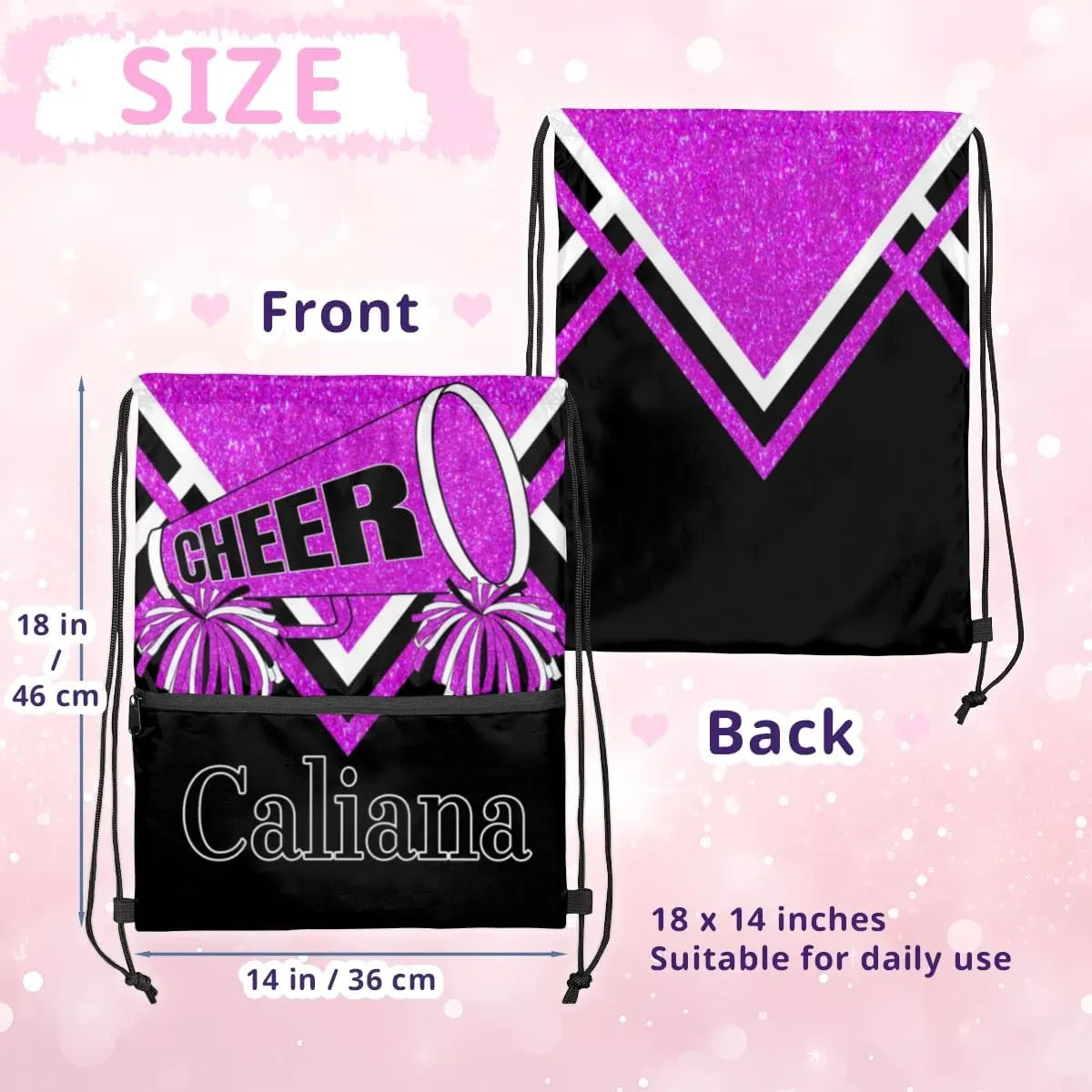Custom Ballet Drawstring Backpacks, Cheerleading Competition Dance Bags, Personalized Dance Backpacks, Bright Purple Glitters Black