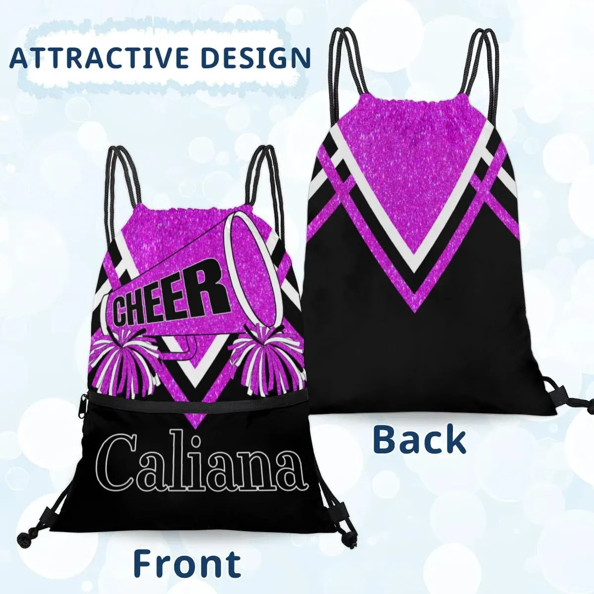 Custom Ballet Drawstring Backpacks, Cheerleading Competition Dance Bags, Personalized Dance Backpacks, Bright Purple Glitters Black
