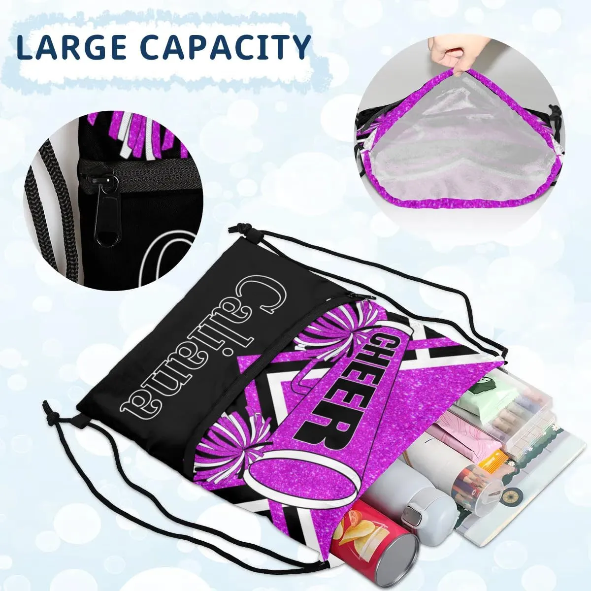 Custom Ballet Drawstring Backpacks, Cheerleading Competition Dance Bags, Personalized Dance Backpacks, Bright Purple Glitters Black