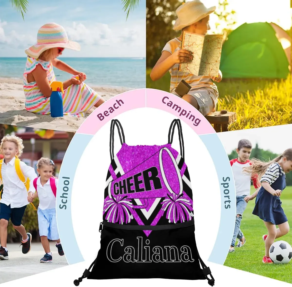 Custom Ballet Drawstring Backpacks, Cheerleading Competition Dance Bags, Personalized Dance Backpacks, Bright Purple Glitters Black