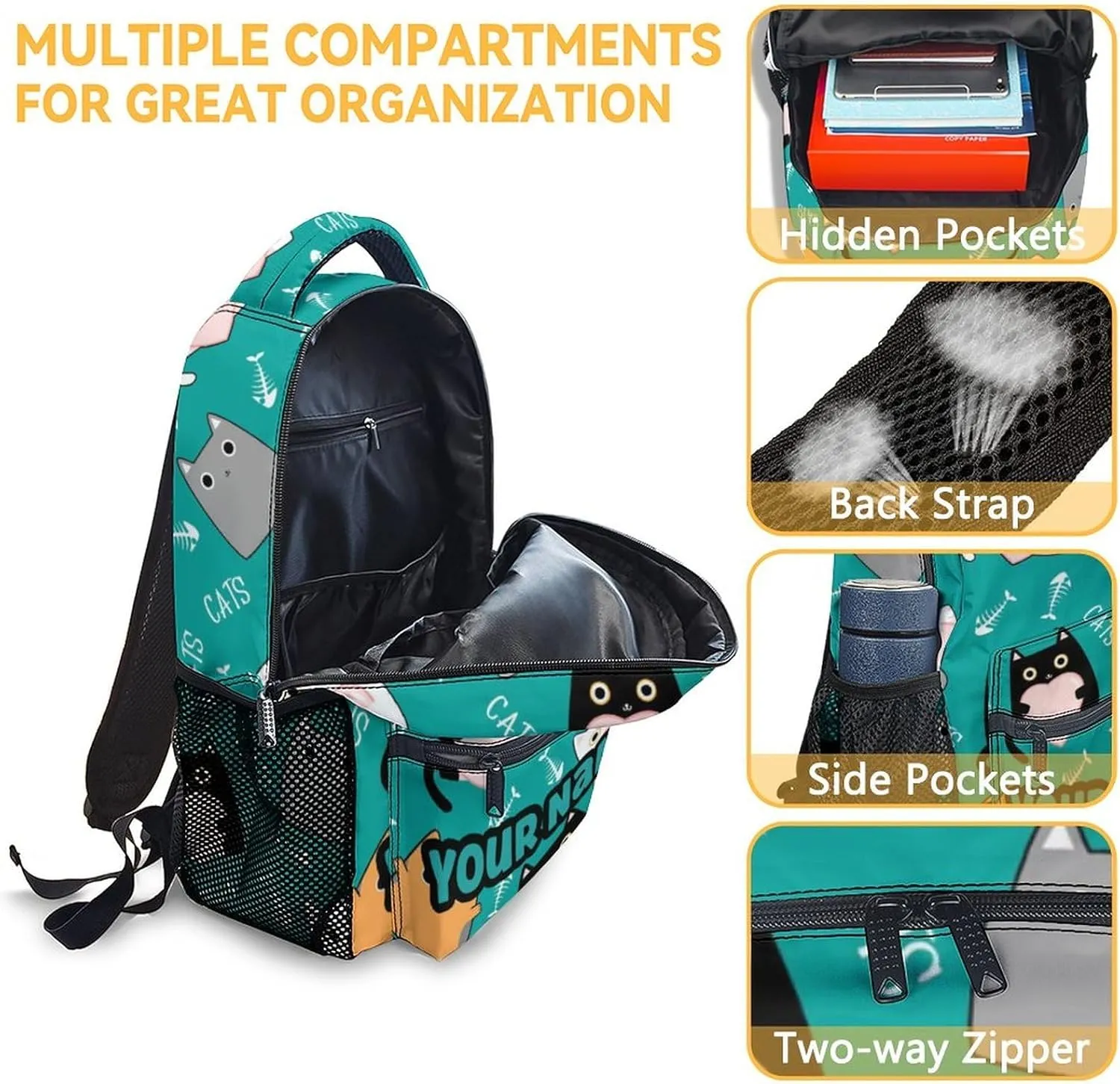 Custom Cat Backpack with Lunch Box for Boys - Set of 3 Personalized School Backpacks Matching Combo - Cartoon Green Bookbag and Pencil Case Bundle