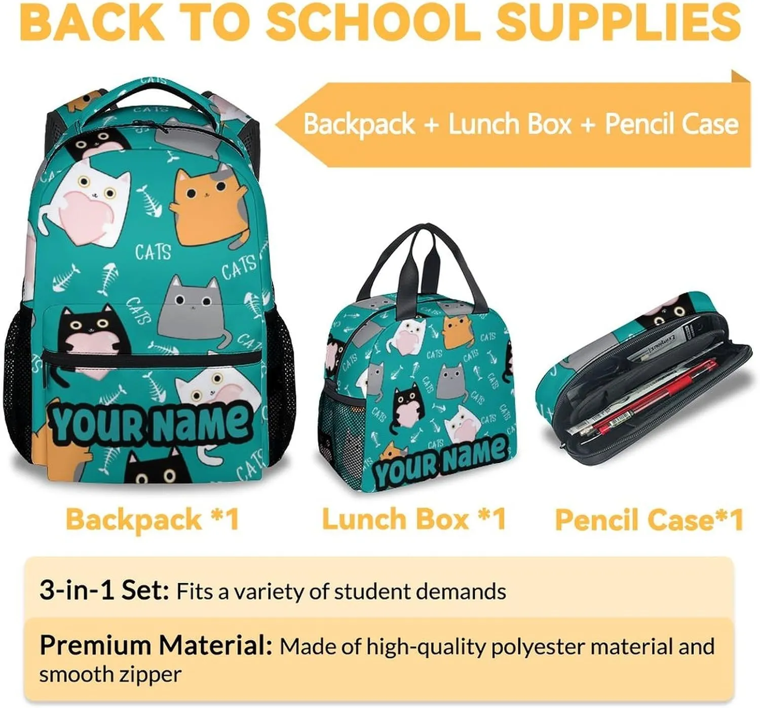 Custom Cat Backpack with Lunch Box for Boys - Set of 3 Personalized School Backpacks Matching Combo - Cartoon Green Bookbag and Pencil Case Bundle