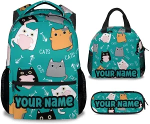 Custom Cat Backpack with Lunch Box for Boys - Set of 3 Personalized School Backpacks Matching Combo - Cartoon Green Bookbag and Pencil Case Bundle
