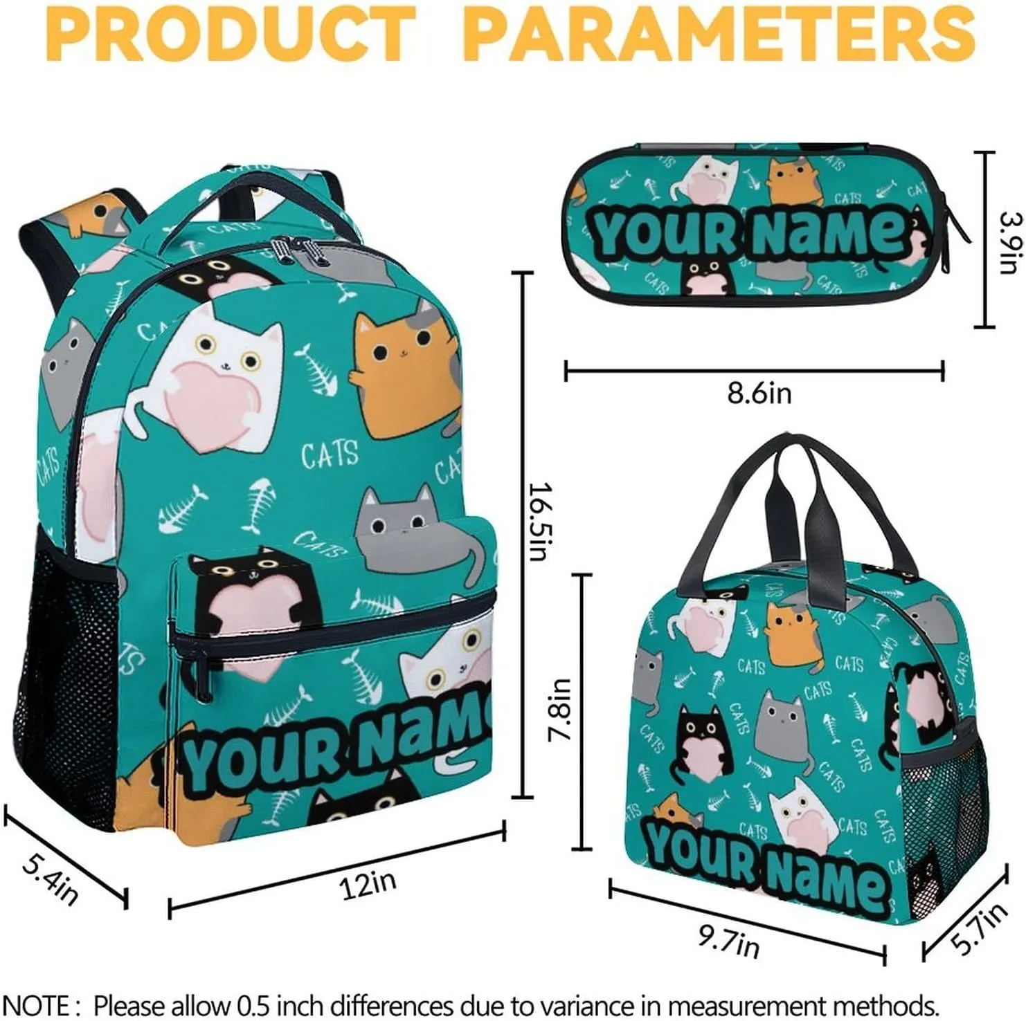 Custom Cat Backpack with Lunch Box for Boys - Set of 3 Personalized School Backpacks Matching Combo - Cartoon Green Bookbag and Pencil Case Bundle