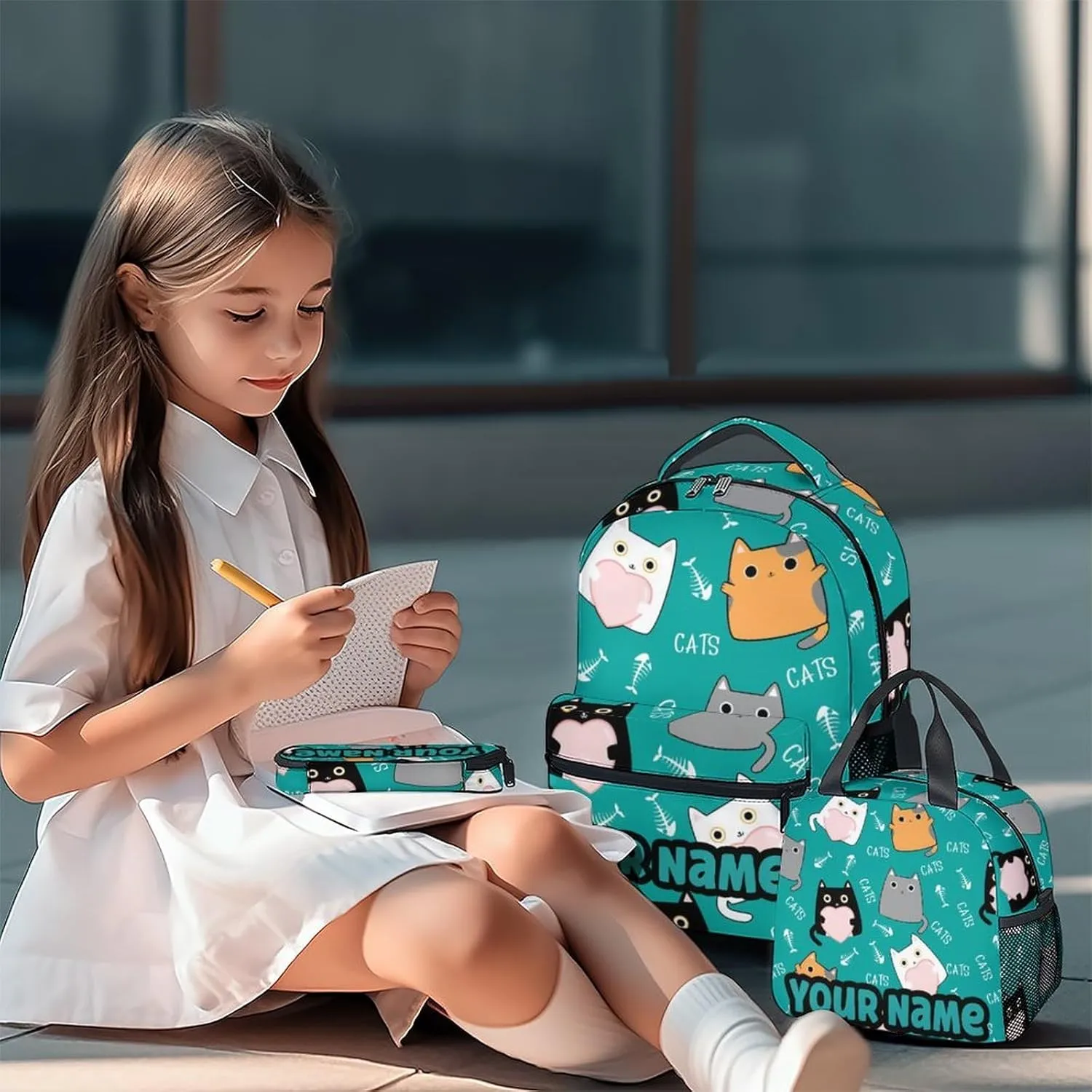 Custom Cat Backpack with Lunch Box for Boys - Set of 3 Personalized School Backpacks Matching Combo - Cartoon Green Bookbag and Pencil Case Bundle