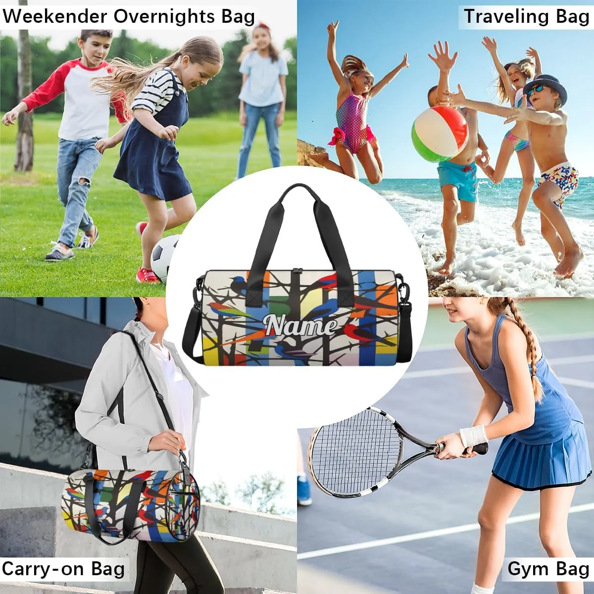 Custom Dance Duffel Bag Sport Backpacks Gyms and Weekend Overnight Travel Duffle Bag Birthday Christmas Halloween Waterproof, Colorful Birds On the Tree