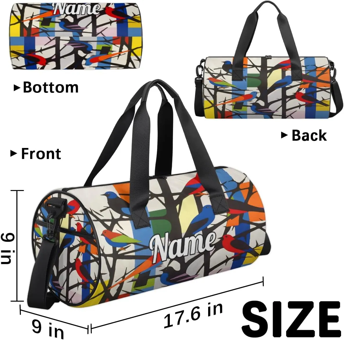 Custom Dance Duffel Bag Sport Backpacks Gyms and Weekend Overnight Travel Duffle Bag Birthday Christmas Halloween Waterproof, Colorful Birds On the Tree