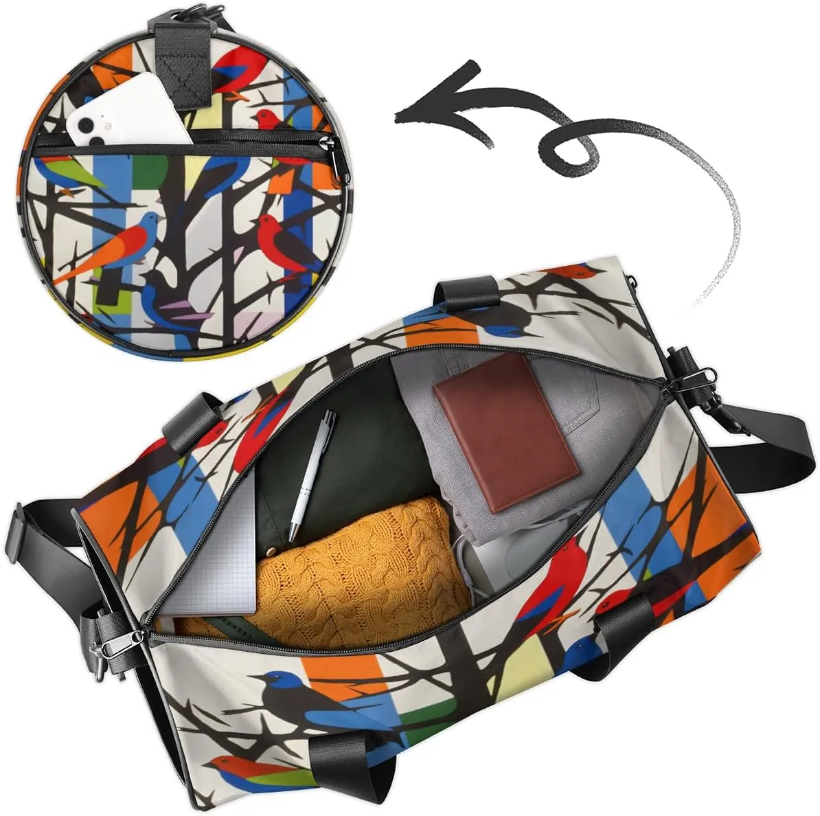 Custom Dance Duffel Bag Sport Backpacks Gyms and Weekend Overnight Travel Duffle Bag Birthday Christmas Halloween Waterproof, Colorful Birds On the Tree