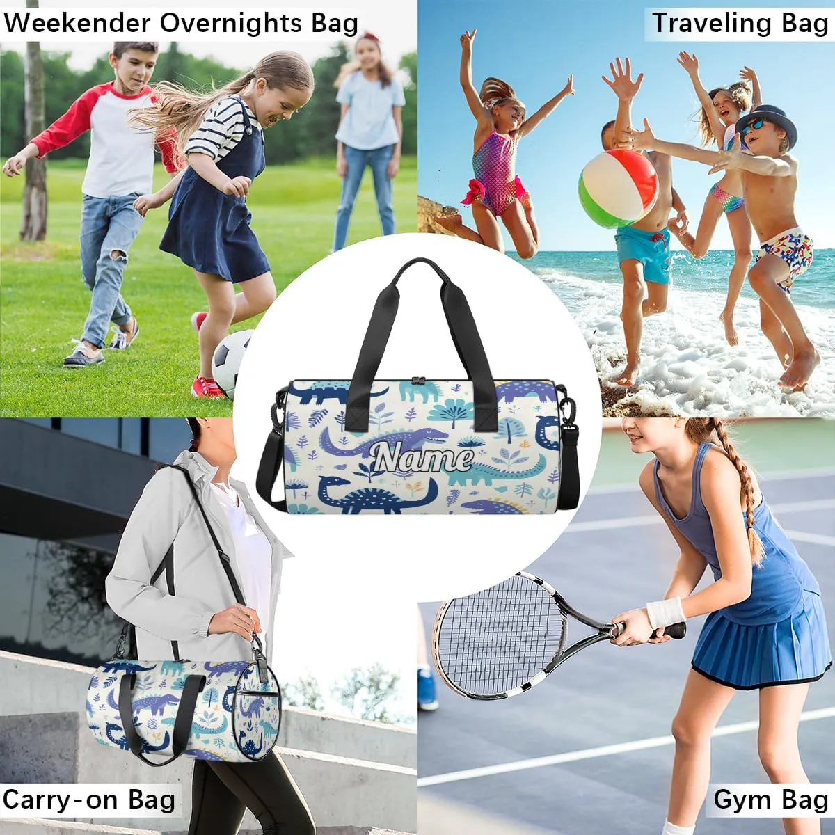 Custom Dance Duffel Bag Sport Backpacks Gyms and Weekend Overnight Travel Duffle Bag Birthday Christmas Halloween Waterproof, Jungle Dinosaur Print