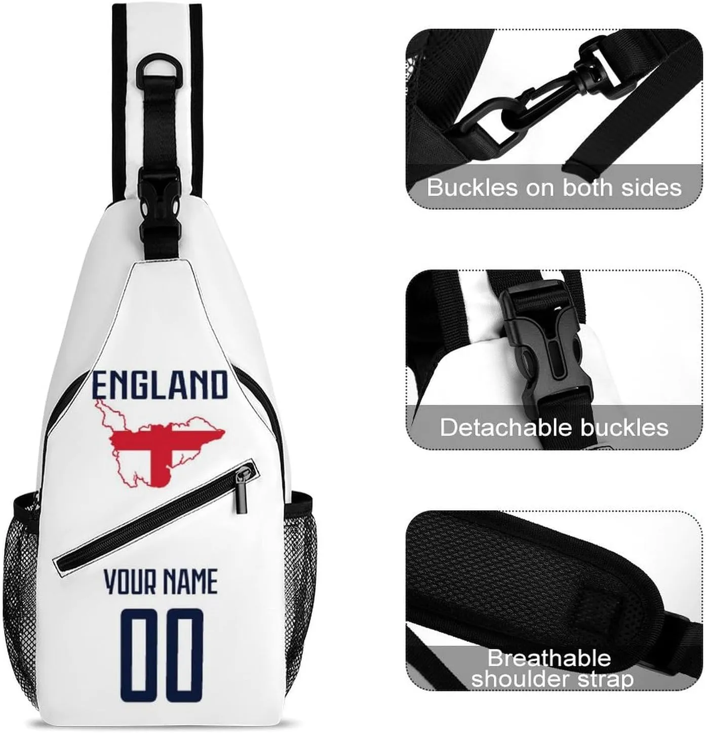 Custom England Sling Bag,Soccer Chest Bag,Personalized Any Name Number Crossbody Backpack,Cycling Travel Daypack For Men Women