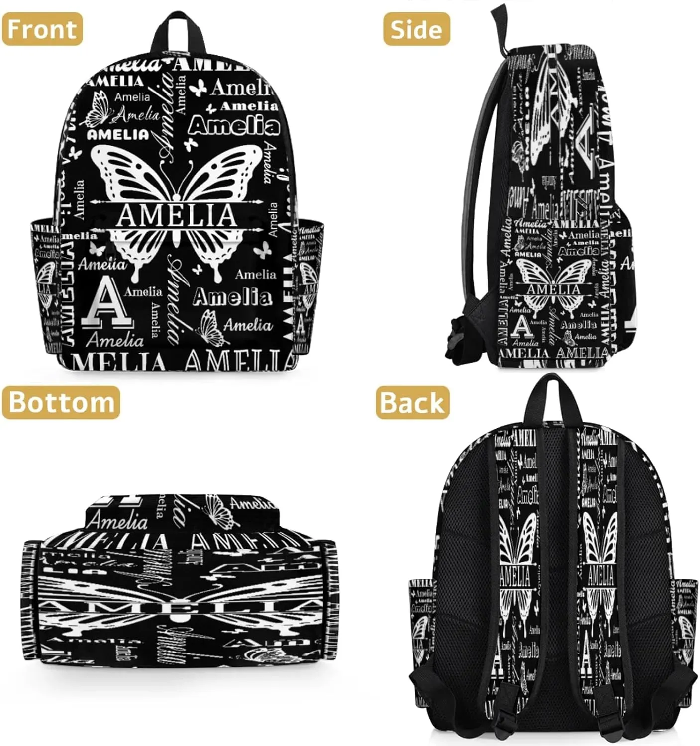 Custom Name Backpack for Travel, Personalized Casual Backpacks, Lightweight Custom Butterflies Daypack Bags with Chest Strap, Black