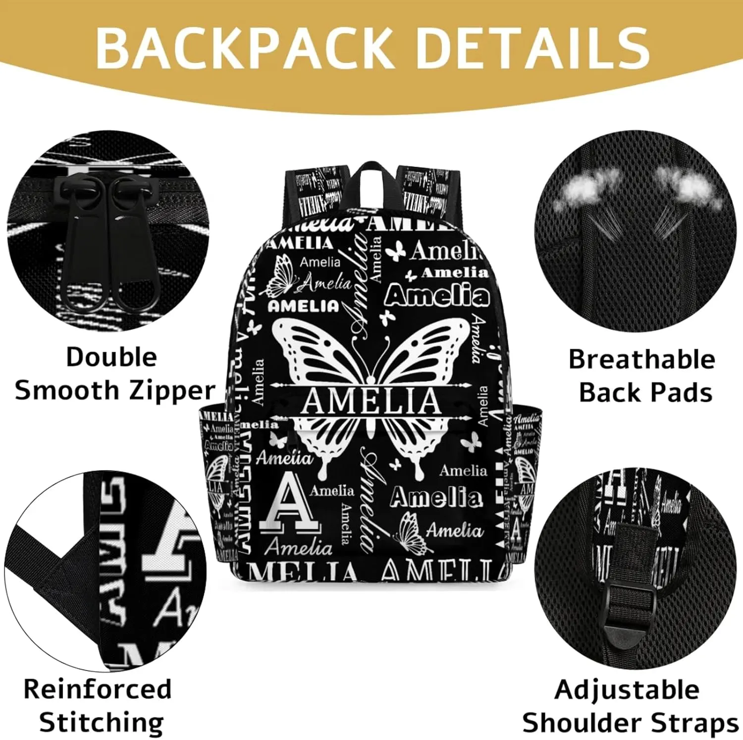 Custom Name Backpack for Travel, Personalized Casual Backpacks, Lightweight Custom Butterflies Daypack Bags with Chest Strap, Black