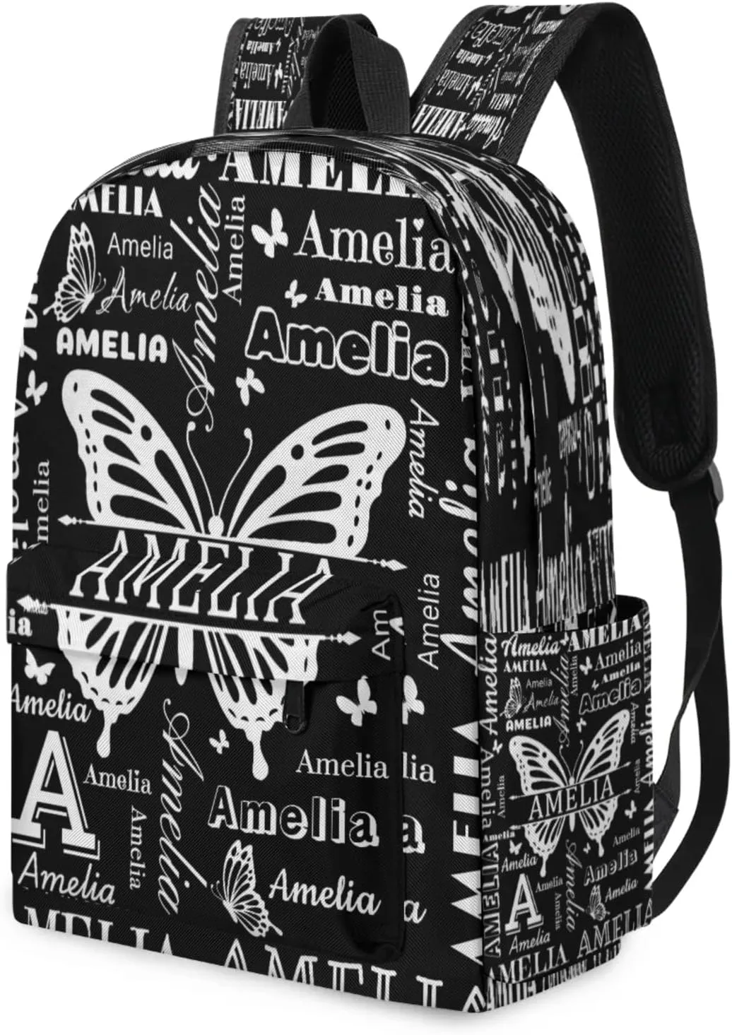Custom Name Backpack for Travel, Personalized Casual Backpacks, Lightweight Custom Butterflies Daypack Bags with Chest Strap, Black