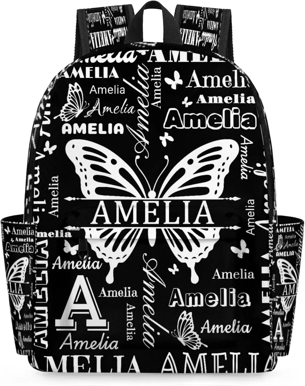 Custom Name Backpack for Travel, Personalized Casual Backpacks, Lightweight Custom Butterflies Daypack Bags with Chest Strap, Black