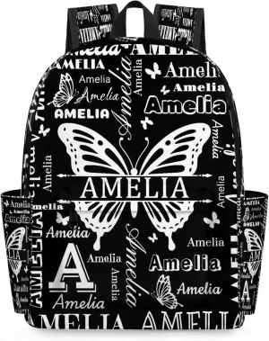 Custom Name Backpack for Travel, Personalized Casual Backpacks, Lightweight Custom Butterflies Daypack Bags with Chest Strap, Black