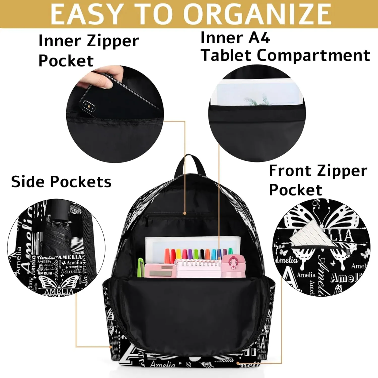 Custom Name Backpack for Travel, Personalized Casual Backpacks, Lightweight Custom Butterflies Daypack Bags with Chest Strap, Black