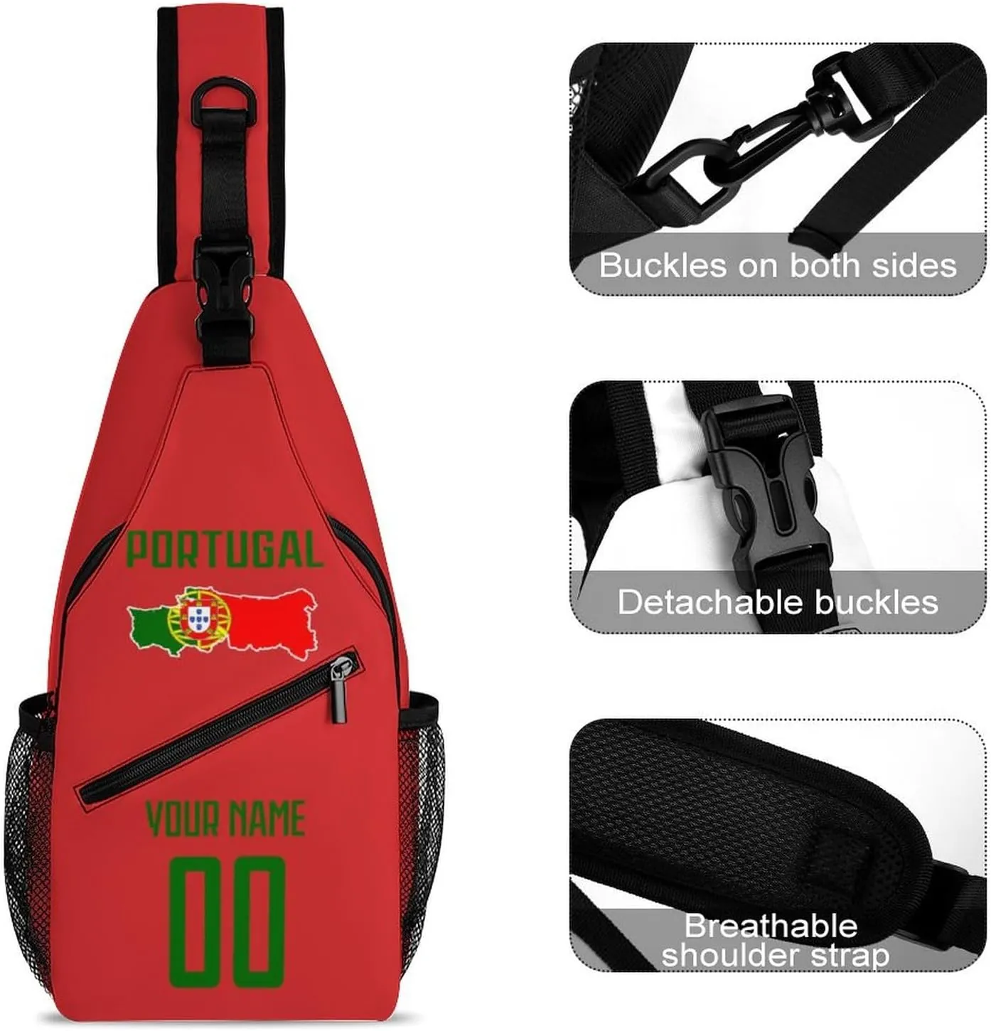 Custom Portugal Sling Bag,Soccer Chest Bag,Personalized Any Name Number Crossbody Backpack,Cycling Travel Daypack For Men Women