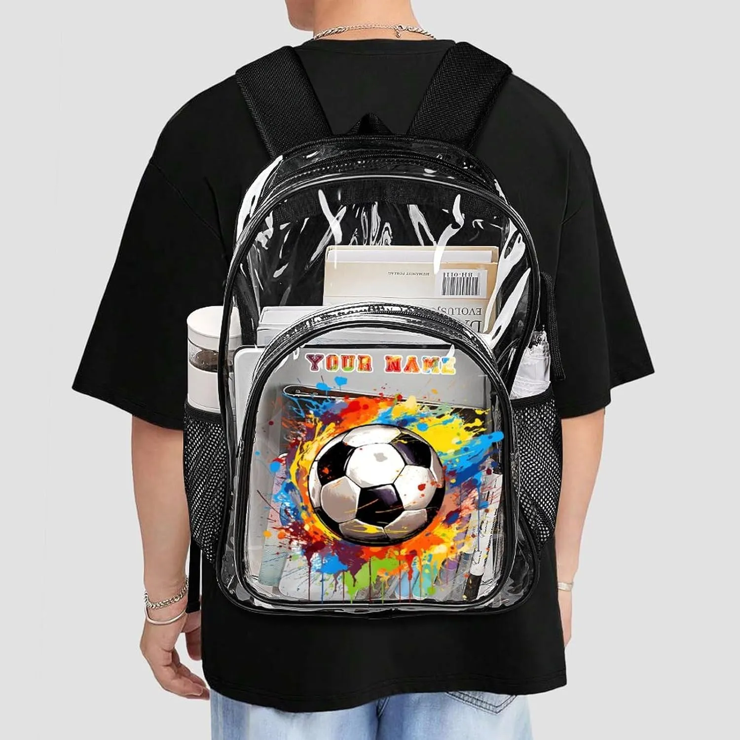 Custom Soccer Clear Backpack Heavy Duty for Girls Kids Boys Women Men - Large Cute PVC Soccers Theme Printing Transparent Backpacks for Schools Stadium Concerts Work - Clear/Black