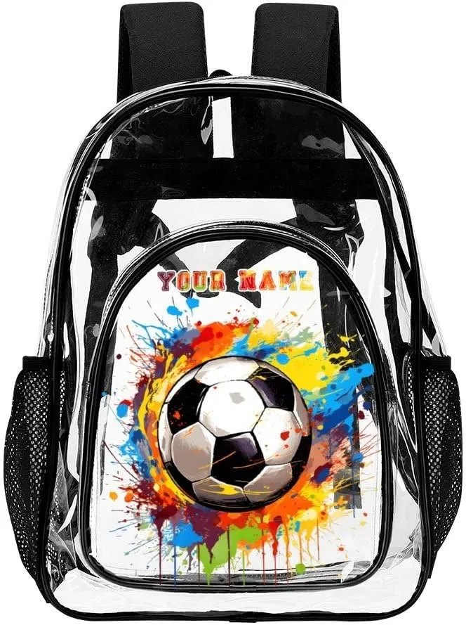 Custom Soccer Clear Backpack Heavy Duty for Girls Kids Boys Women Men - Large Cute PVC Soccers Theme Printing Transparent Backpacks for Schools Stadium Concerts Work - Clear/Black