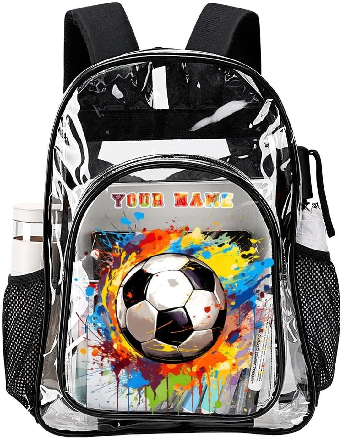 Custom Soccer Clear Backpack Heavy Duty for Girls Kids Boys Women Men - Large Cute PVC Soccers Theme Printing Transparent Backpacks for Schools Stadium Concerts Work - Clear/Black