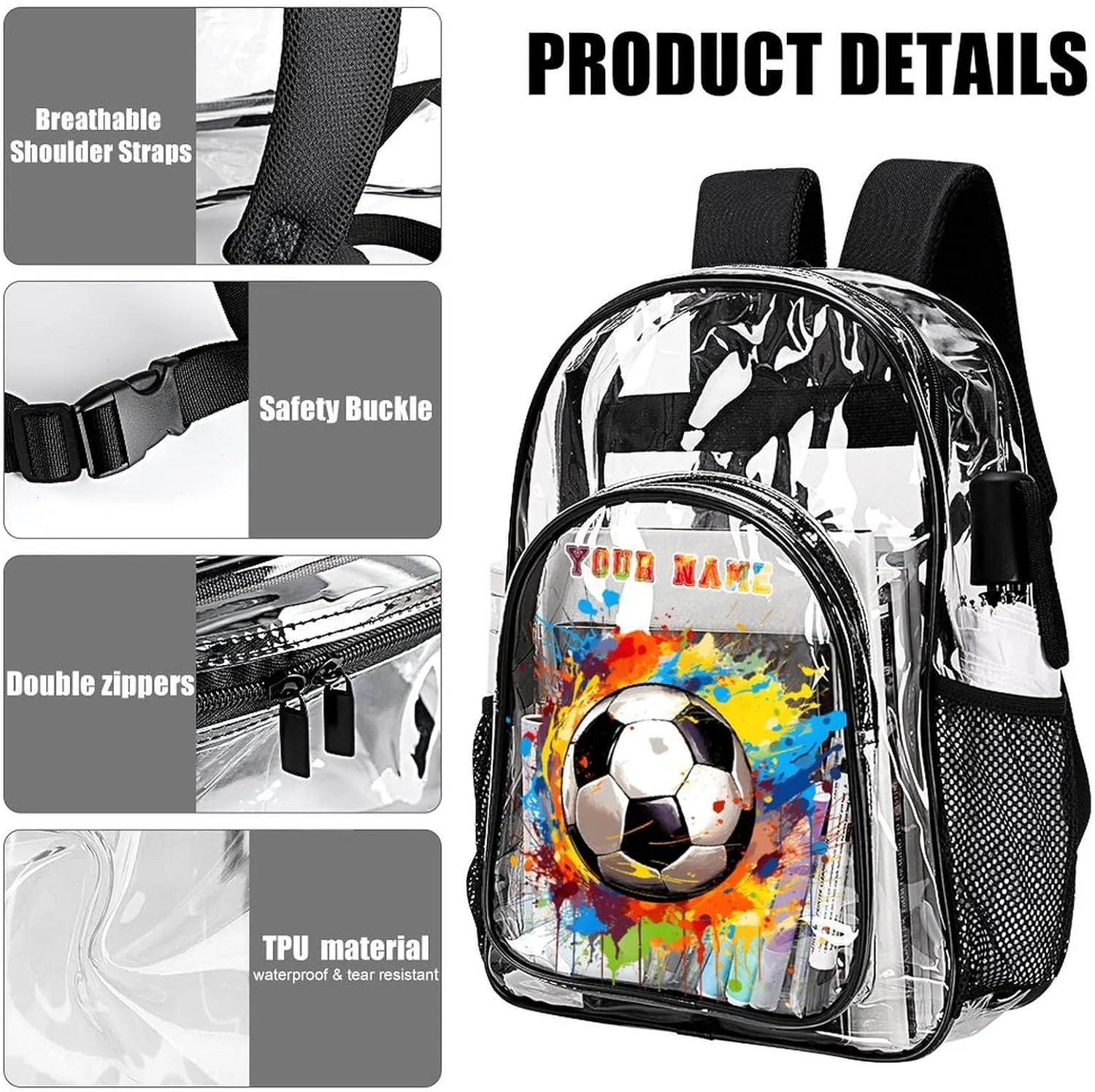 Custom Soccer Clear Backpack Heavy Duty for Girls Kids Boys Women Men - Large Cute PVC Soccers Theme Printing Transparent Backpacks for Schools Stadium Concerts Work - Clear/Black