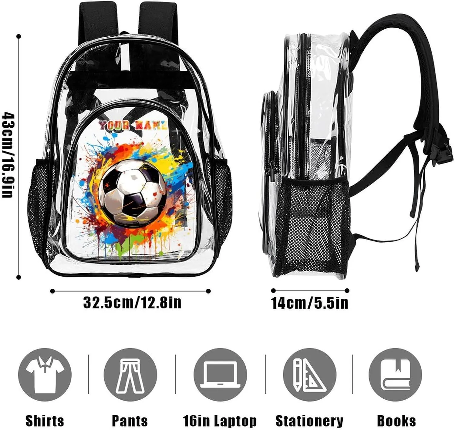 Custom Soccer Clear Backpack Heavy Duty for Girls Kids Boys Women Men - Large Cute PVC Soccers Theme Printing Transparent Backpacks for Schools Stadium Concerts Work - Clear/Black