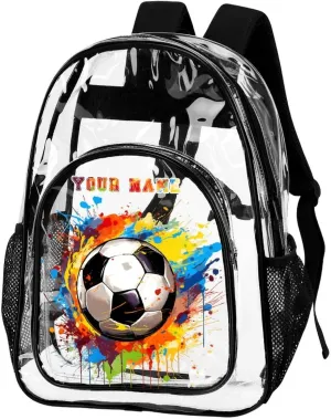 Custom Soccer Clear Backpack Heavy Duty for Girls Kids Boys Women Men - Large Cute PVC Soccers Theme Printing Transparent Backpacks for Schools Stadium Concerts Work - Clear/Black