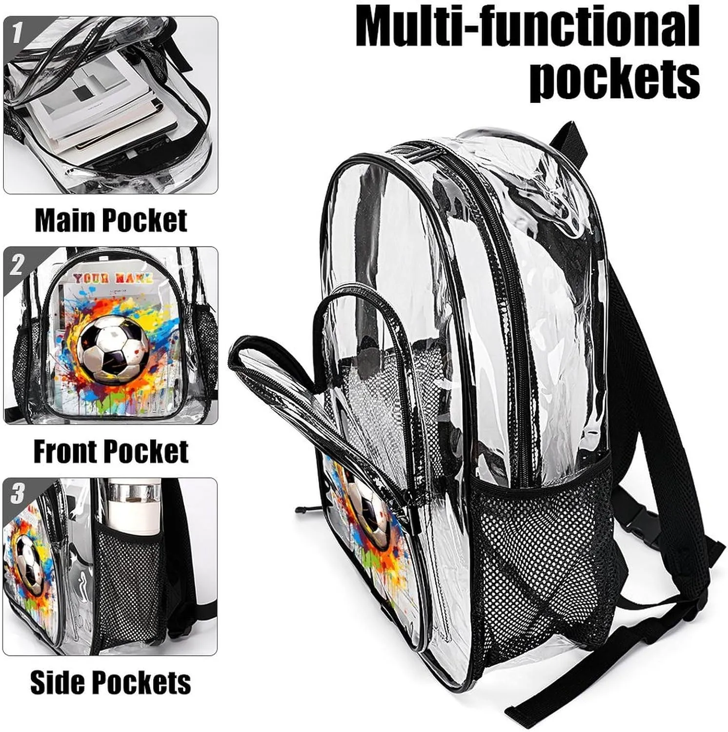Custom Soccer Clear Backpack Heavy Duty for Girls Kids Boys Women Men - Large Cute PVC Soccers Theme Printing Transparent Backpacks for Schools Stadium Concerts Work - Clear/Black