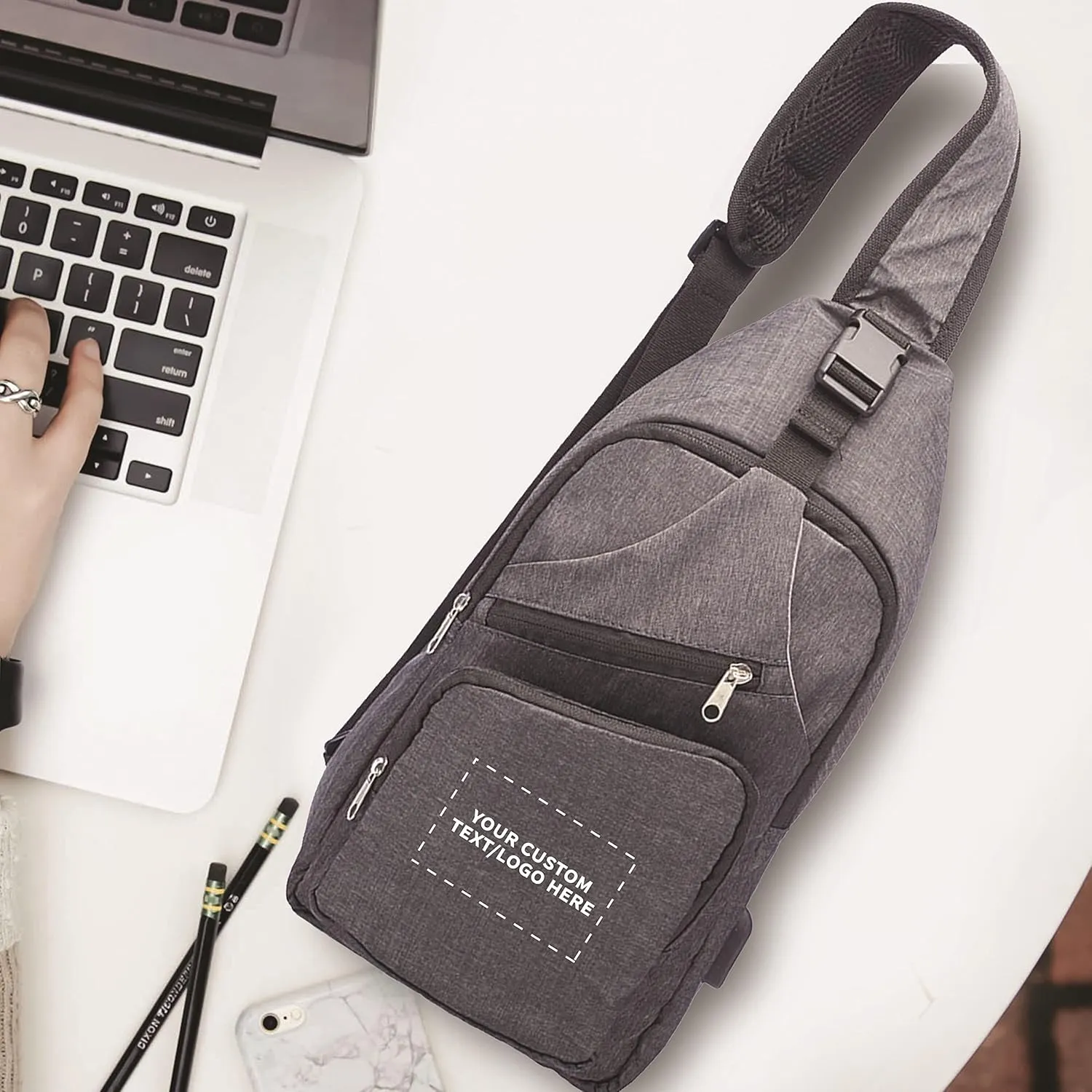 Custom Traveler Shoulder Crossbody Bag Set of 10, Personalized Bulk Pack - Perfect for Employees, and For Everyday Use - Black