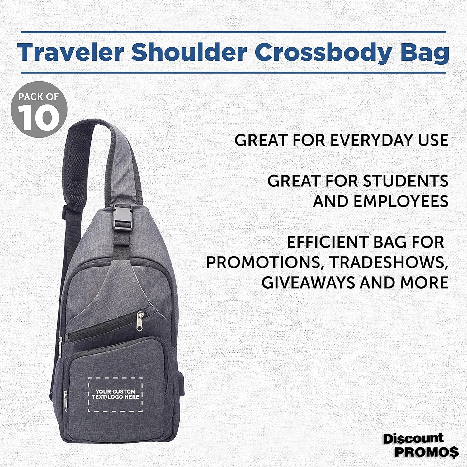 Custom Traveler Shoulder Crossbody Bag Set of 10, Personalized Bulk Pack - Perfect for Employees, and For Everyday Use - Black