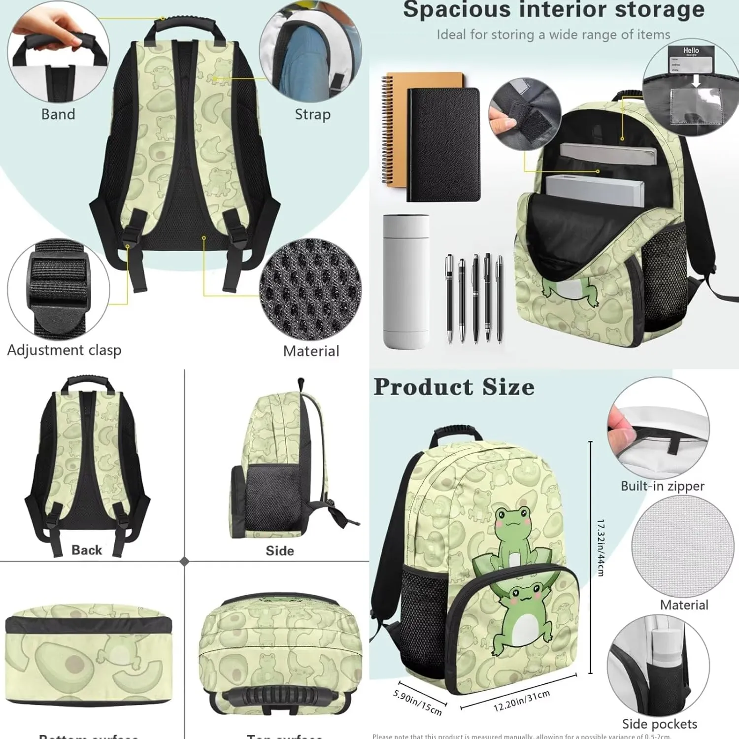 Cute Cartoon Frog Backpack School Bag for Boys Kids Bookbag Satchel Rucksack with Insulated Lunch Bag Pencil Case and Water Bottle Holder 4 Pieces Set