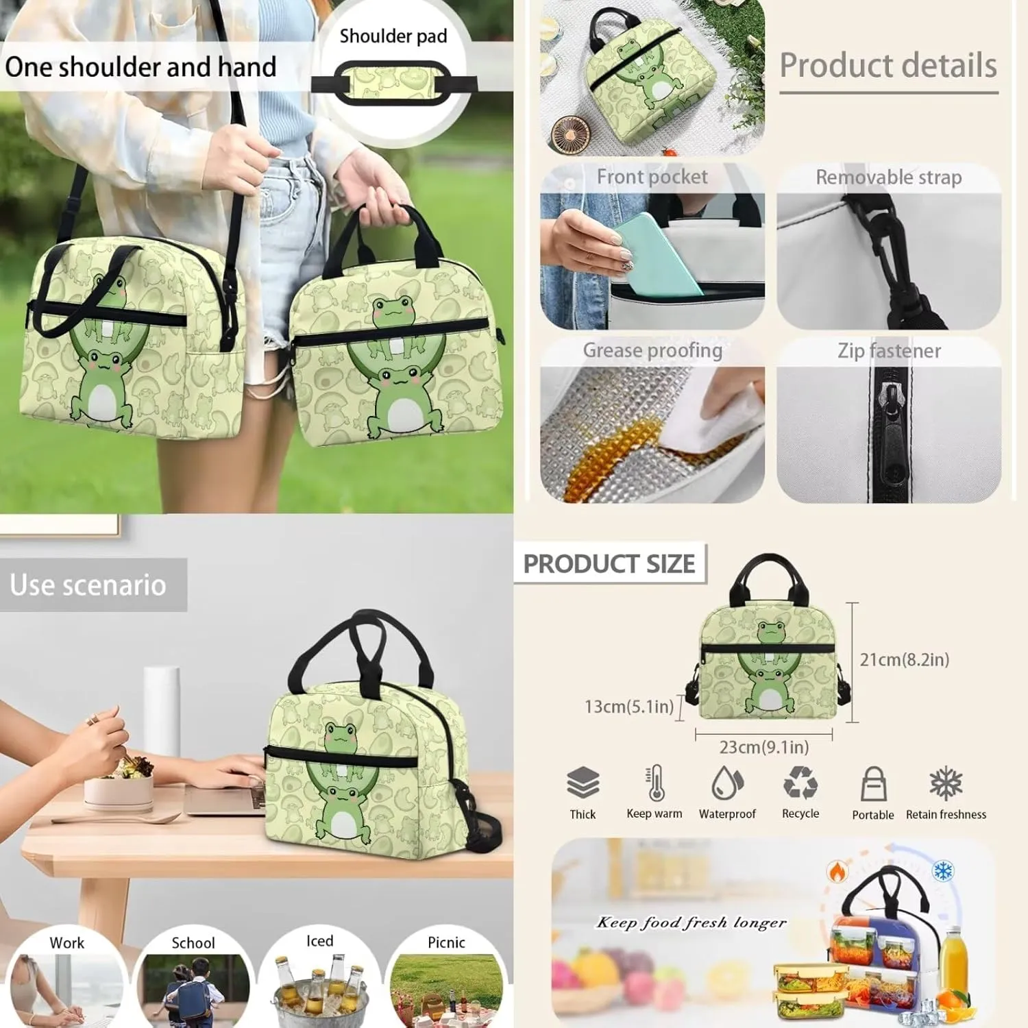 Cute Cartoon Frog Backpack School Bag for Boys Kids Bookbag Satchel Rucksack with Insulated Lunch Bag Pencil Case and Water Bottle Holder 4 Pieces Set