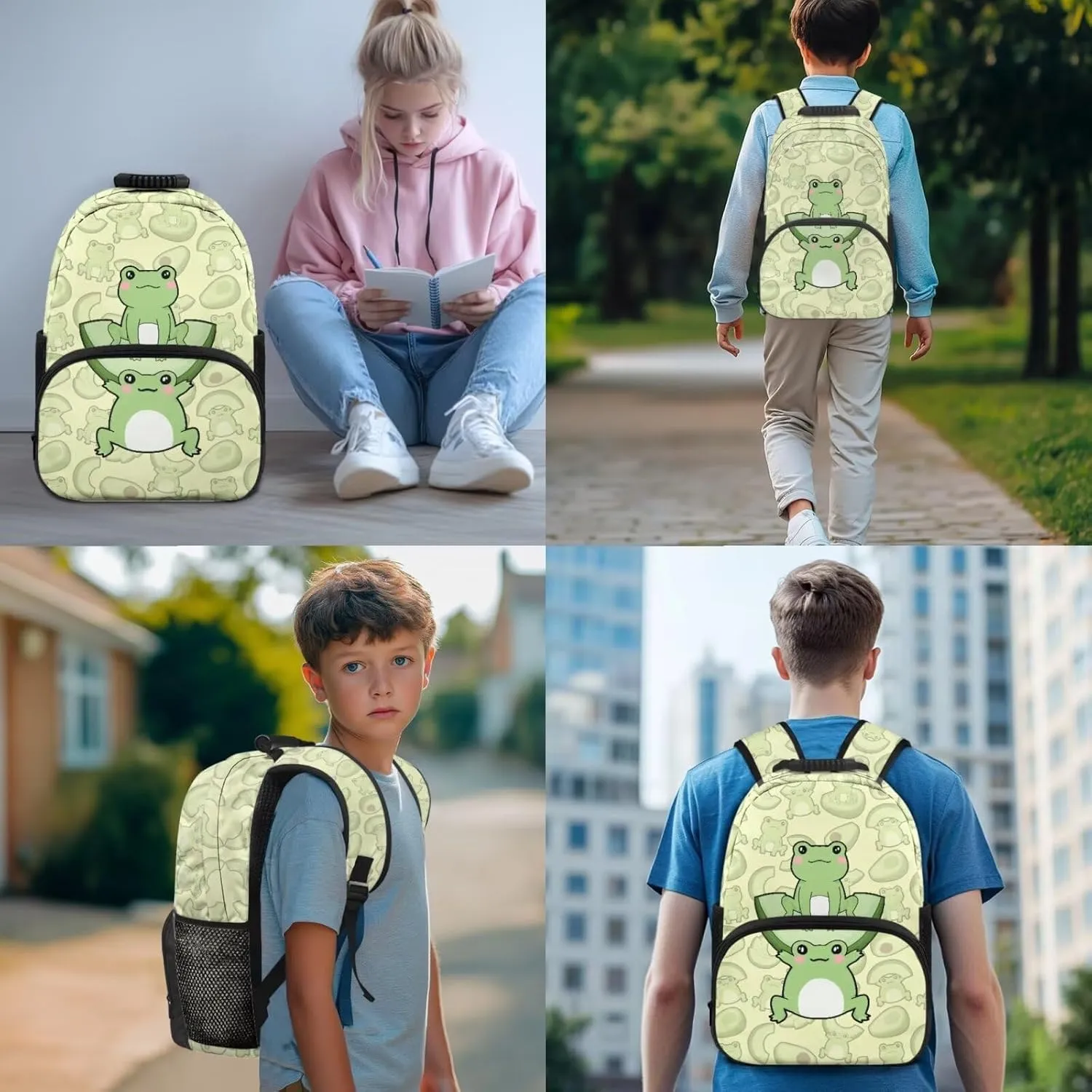 Cute Cartoon Frog Backpack School Bag for Boys Kids Bookbag Satchel Rucksack with Insulated Lunch Bag Pencil Case and Water Bottle Holder 4 Pieces Set