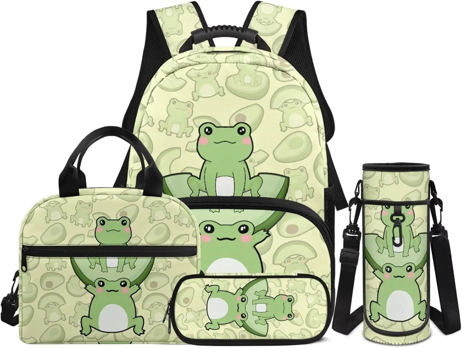 Cute Cartoon Frog Backpack School Bag for Boys Kids Bookbag Satchel Rucksack with Insulated Lunch Bag Pencil Case and Water Bottle Holder 4 Pieces Set