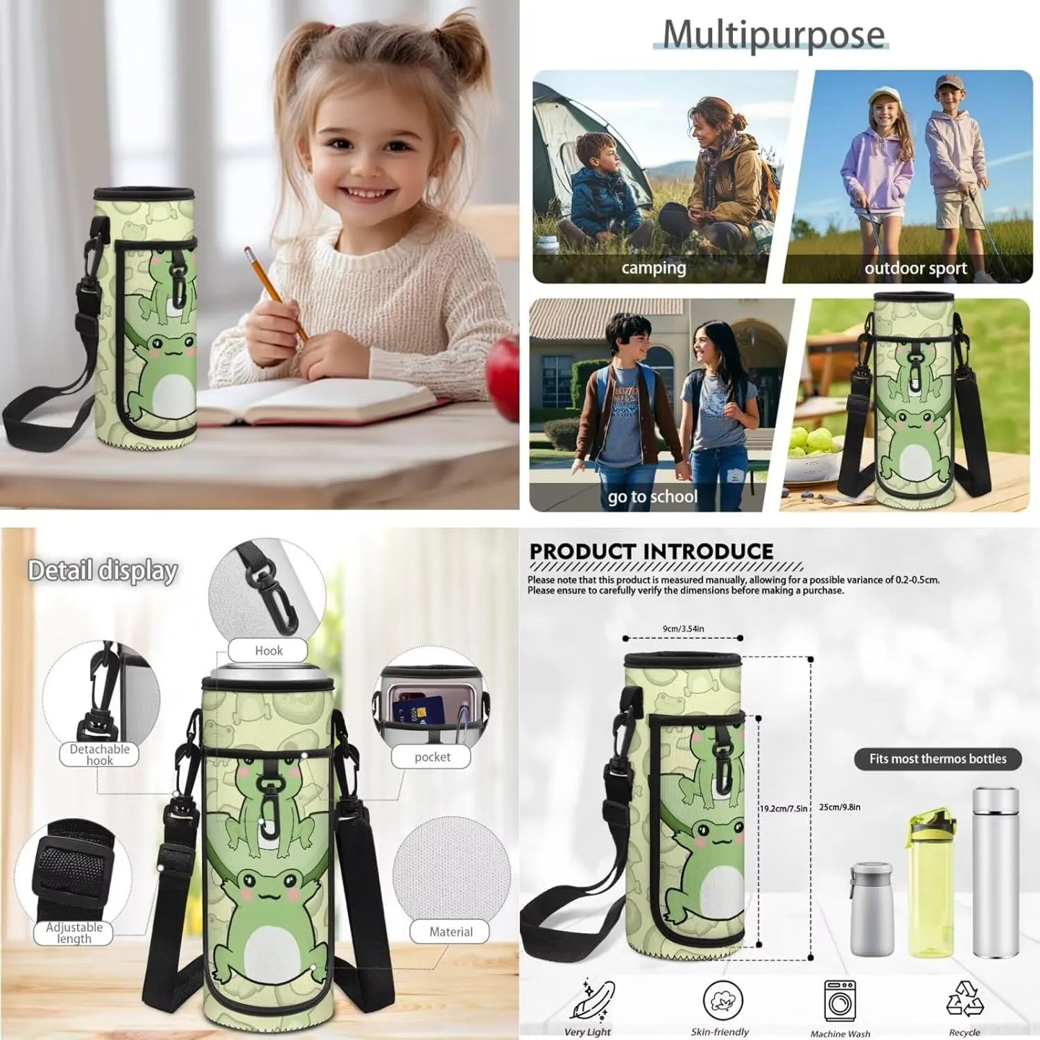 Cute Cartoon Frog Backpack School Bag for Boys Kids Bookbag Satchel Rucksack with Insulated Lunch Bag Pencil Case and Water Bottle Holder 4 Pieces Set