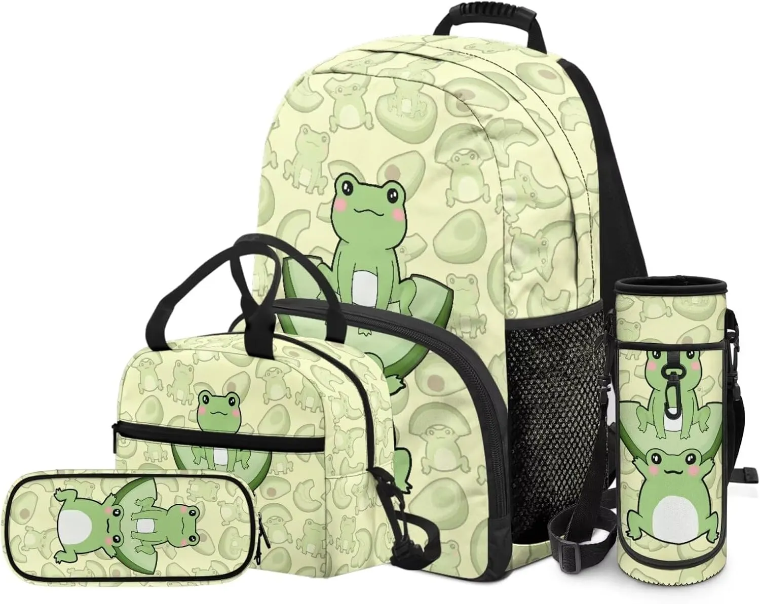 Cute Cartoon Frog Backpack School Bag for Boys Kids Bookbag Satchel Rucksack with Insulated Lunch Bag Pencil Case and Water Bottle Holder 4 Pieces Set