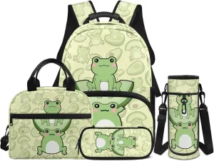 Cute Cartoon Frog Backpack School Bag for Boys Kids Bookbag Satchel Rucksack with Insulated Lunch Bag Pencil Case and Water Bottle Holder 4 Pieces Set