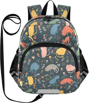 Cute Cats Flowers Preschool Backpack Colorful Daycare Bookbag School Backpack with Traction Rope for Kids 3-6