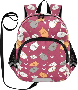 Cute Cats Preschool Backpack Red Kitten Daycare Bookbag School Backpack with Traction Rope for Kids 3-6