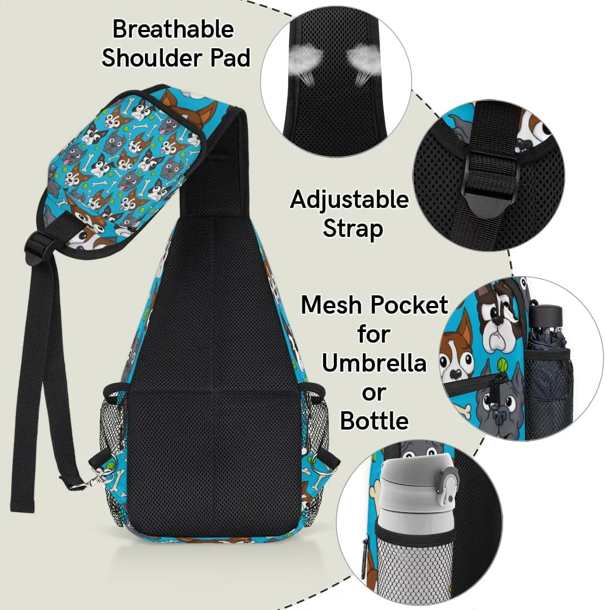 Cute Dog Print Sling Bag for Women Men Crossbody Sling Backpack Shoulder Bag Chest Bag Daypack for Travel Hiking Outdoor
