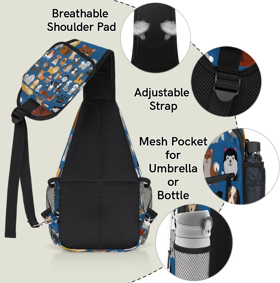 Cute Dogs Sling Bag for Women Men Crossbody Sling Backpack Shoulder Bag Chest Bag Daypack for Travel Hiking Outdoor