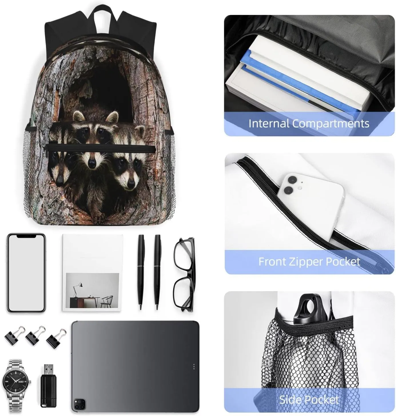 Cute Raccoon Family Backpack, Travel Laptop Backpack Computer Bag Rucksack for Men Women Business Work Fits 15.6 Inch Notebook