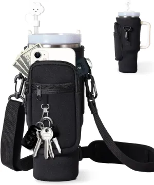 dabria Water Bottle Carrier Bag with Phone Pocket for Stanley 40/30 oz Tumbler Neoprene Water Bottle Holder Pouch with Adjustable Strap Bollus with Straw Cover & Carabiner for Stanley Cup Accessories